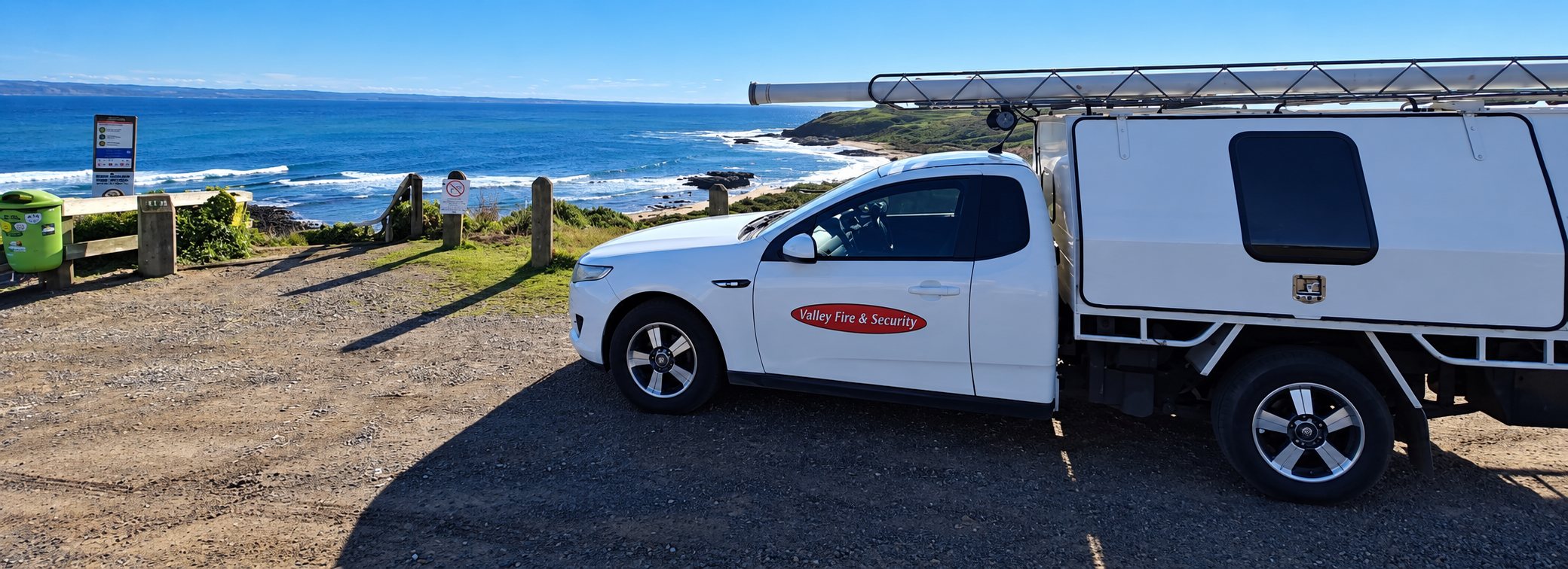 Valley Fire & Security service ute on the coast in regional Victoria